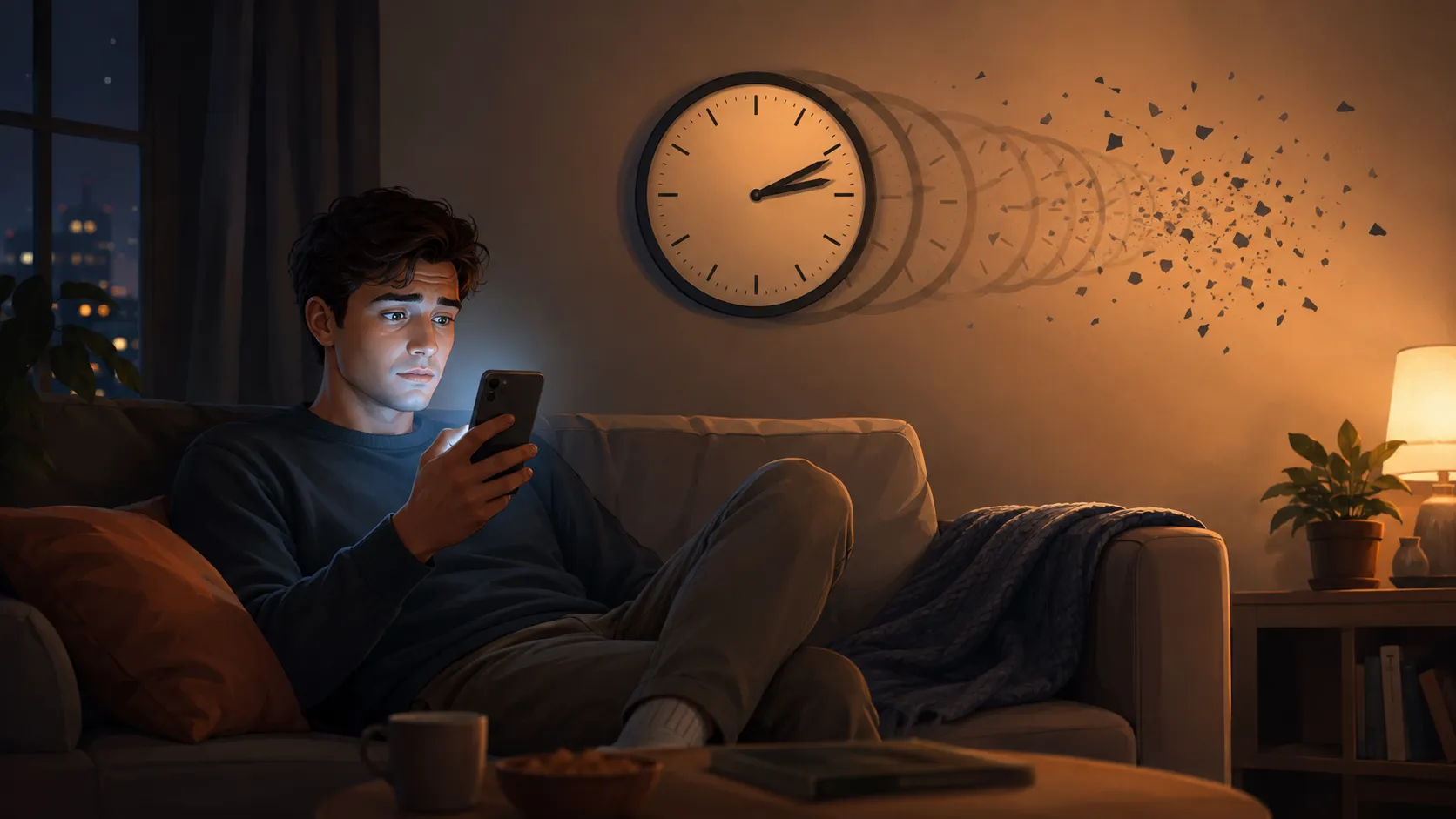 夜晚坐在沙发上刷手机并感到时间快速流逝的人